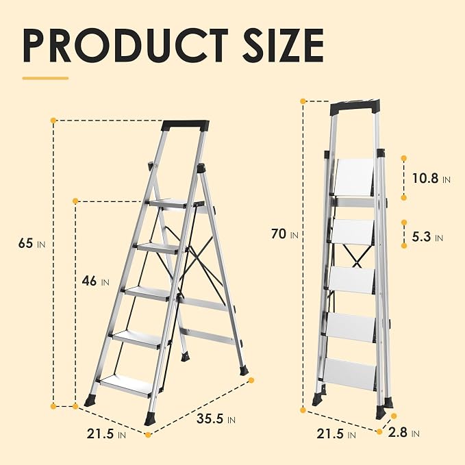 HBtower 5 Aluminum Step Ladder, Strudy Ladders for Home with Tool Tray, Anti-Slip Folding Step Stool for Adults, Light Weight Portable 330lbs Safety for Kitchen Warehouse Outdoor Work