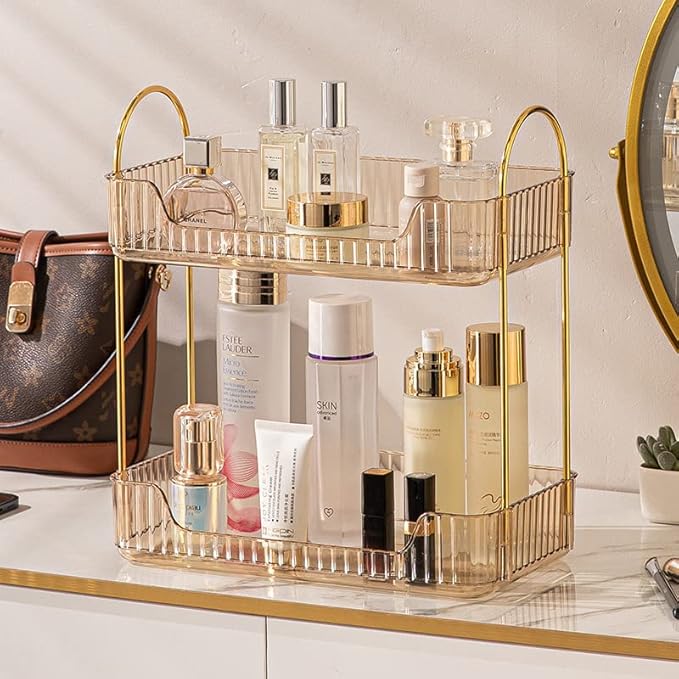 shuang qing Bathroom Counter Organizer Countertop Storage, Cosmetics Skincare Shelf, Makeup Organizer Perfume for Dresser Vanity Tray, Spice Rack for Kitchen(2 Tier-Gold)