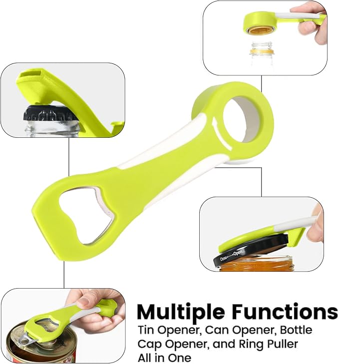 Multifunctional Bottle Opener 4-in-1 Grip Tool Easy Twist Cap Jar for Soda Bottles Canning Lids Can Tabs Arthritis Relief Kitchen Gadget Effortless Opening(White Green)