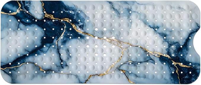 LNOND Marble Bath Tub Mat Non Slip, Extra Long 40 X 16 Inch Anti Slip Mat for Bathtub, Navy Blue Gold Marble Shower Mat with Drain Holes and Suction Cups, Machine Washable