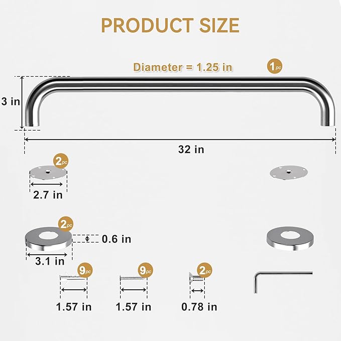 AmazerBath Long Grab Bars for Bathtubs and Showers Anti Slip, 32" L x 1.25" D, Handicap Grab Bars Stainless Steel, Shower Grab Bars for Seniors, Bathtub Handle Bars for Bathroom Holds 500LBS