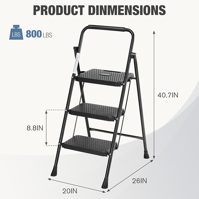 Sweetcrispy Folding 3 Step Ladder Stool - Lightweight, 800lbs Sturdy, with Anti-Slip Feet - Perfect for Home, Kitchen, and Office Use, Easy Storage and Portable Design