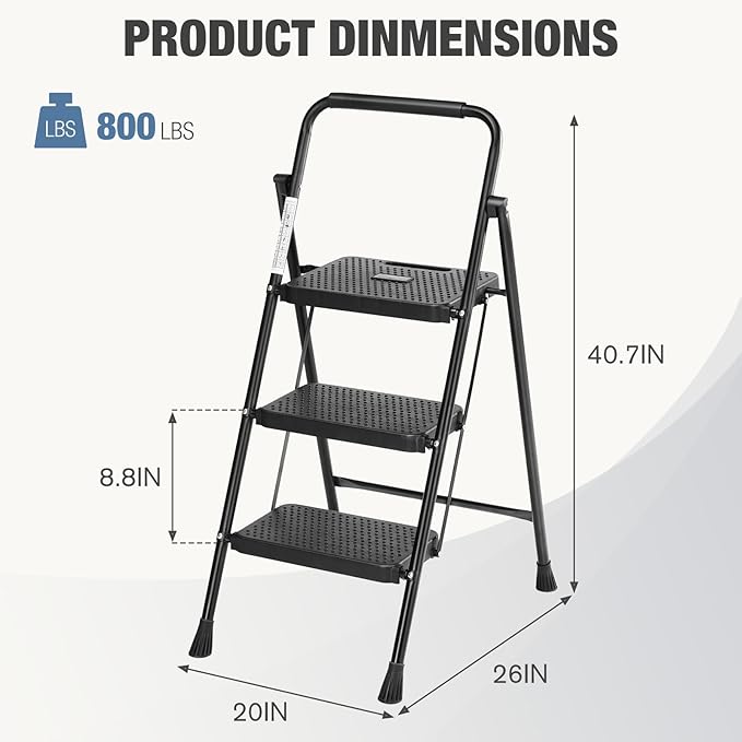 Simple Deluxe 3-Step Ladder, Heavy Duty, 800 lbs, Dark Brown Metal, Ready to Use, Foldable, Space-Saving, Non-Slip, Wide Platform