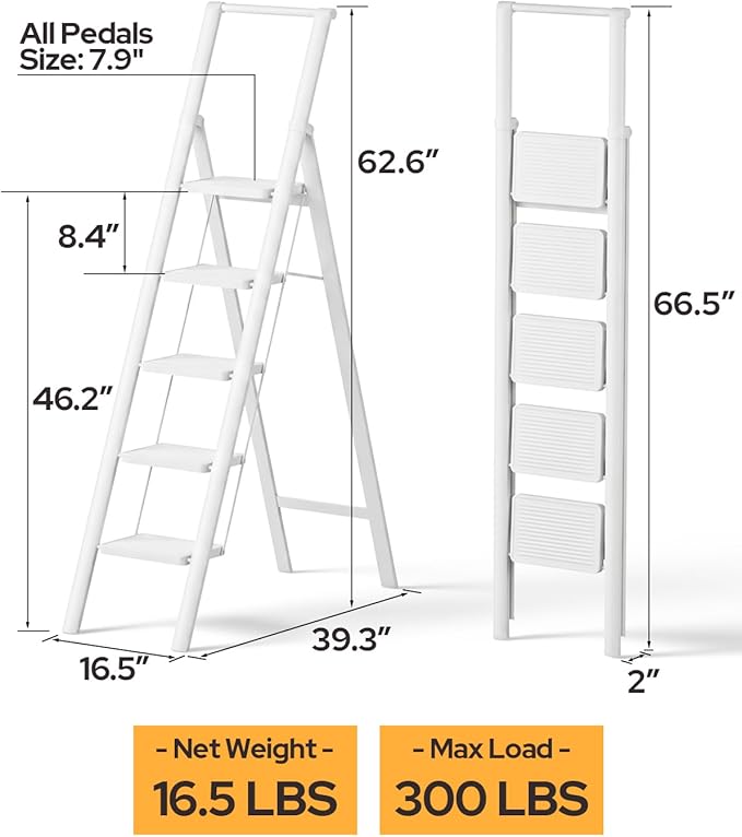 5 Step Ladder for 10 Feet High Ceiling, Folding Step Stool Stepladders with Anti-Slip and Wide Pedal for Home and Kitchen Use Space Saving (White)