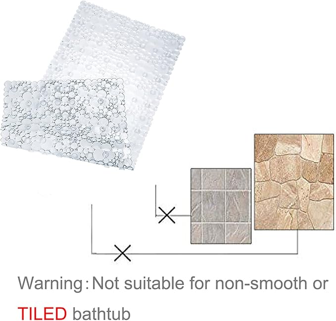 Extra Long Pebble Bath Tub Shower Mat 34.2 x 15.7, Bathmat Non-Slip with Suction Cups, Machine Washable, Bathroom Mats, Smooth/Non-Textured Surface Only (34.2" x 15.7", Clear)