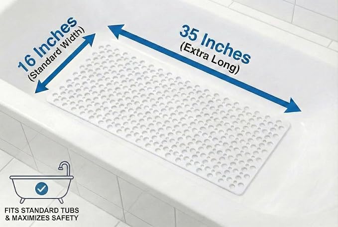 Nonslip Bath Tub Shower Mat with Suction Cups, Extra Soft TPE Bath Mat for Kids, Bathtub Bathroom Mats, Machine Washable, Smooth/Non-Textured Tubs Only, 35L x 16W Inch(White)