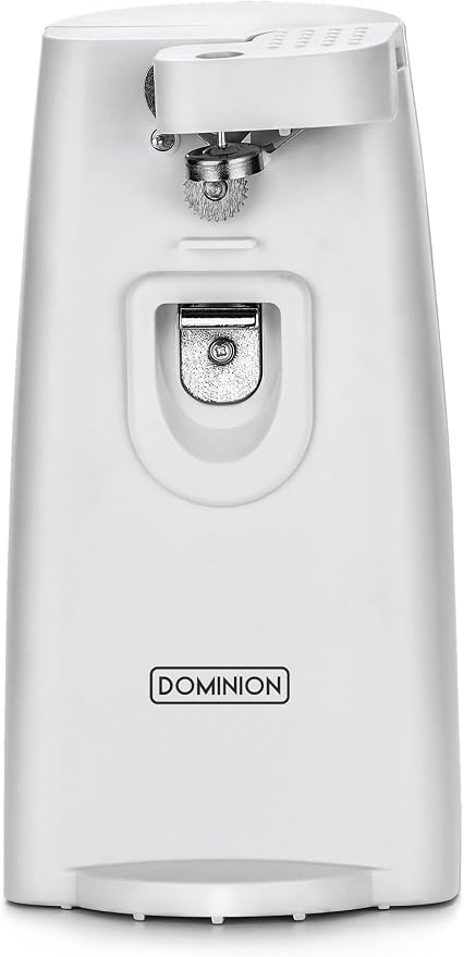 Dominion Tall Electric Can Opener, Easy Push Down Lever, Knife Sharpener, Bottle Opener & Built-In Cord Storage, Opens All Standard-Size and Pop-Top Cans, Easy to Clean, White