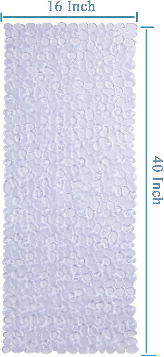 Webos Bath Shower Mat Non Slip: Extra Large Pebble Bathtub mat for Families, Anti Slip Shower Matt with Drain Holes Suction Cups Tub Mat - 16 X 40 Inch Clear