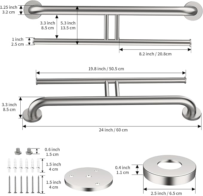 Brushed Nickel Double Toilet Paper Holder w/Safety Bar 24 inch, Zepolu 2-in-1 Assist Bar Balanced Support Handle, Stainless Steel Wall Mounted Bathroom Toilet Grab Bar for Senior Elderly Handicap