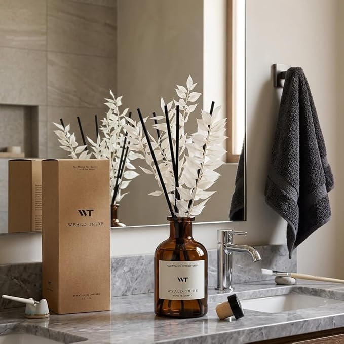 WEALD TRIBE Reed Diffuser Set for Bathroom Air Fresheners, Oil Diffuser Sticks | Hotel White Tea Scent 4.0 fl oz Home Fragrance with Sticks Defusers | House Bedroom Office Shelf Decor