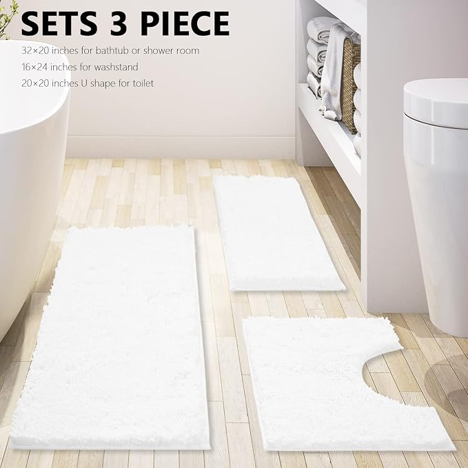 White Bathroom Rugs Chenille 3-Piece Extra Soft and Absorbent Shag White Bath Mat, Machine Wash Mat, Strong PVC Non-Slip Underside, Plush Carpet Mats
