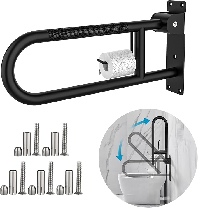 Toilet Grab Bar 24 Inch Black, Munzong Anti-Slip Handicap Grab Bars with Paper Holder, Flip-Up Bathroom Safety Rails, Stainless Steel Knurled Support handrails for Seniors Elderly Disabled Pregnant