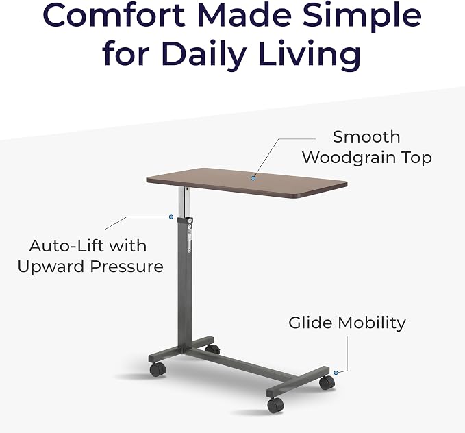 Drive Medical Overbed Table with Wheels - Secure Height Adjustment for Comfort - Non Tilt Surface - Smooth Rolling Design - Home & Hospital Use - Woodgrain Laminate Top - Silver Vein
