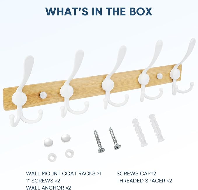 TICONN Wall Mounted Coat Rack, Five Heavy Duty Tri Hooks All Metal Construction for Jacket Coat Hat in Mudroom Entryway (Wood White, 1-Pack)