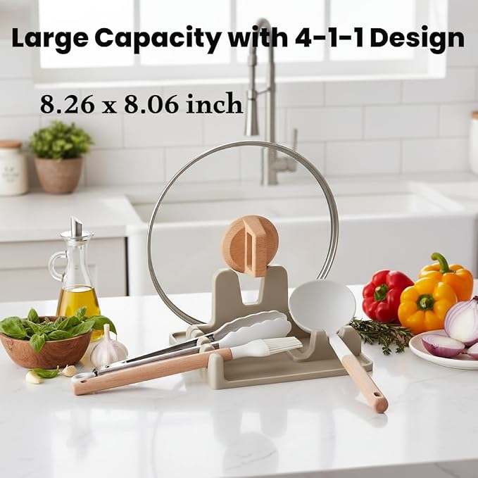 Auoon Silicone Spoon Rest with Lid Holder - 3 in 1 Kitchen Utensil Rest for Soup Ladles, Pot Lids, Spatulas, Spoons, Tongs, BPA Free & Dishwasher Safe, 8.26 x 8.06 Inch (Milk Shake, Large)