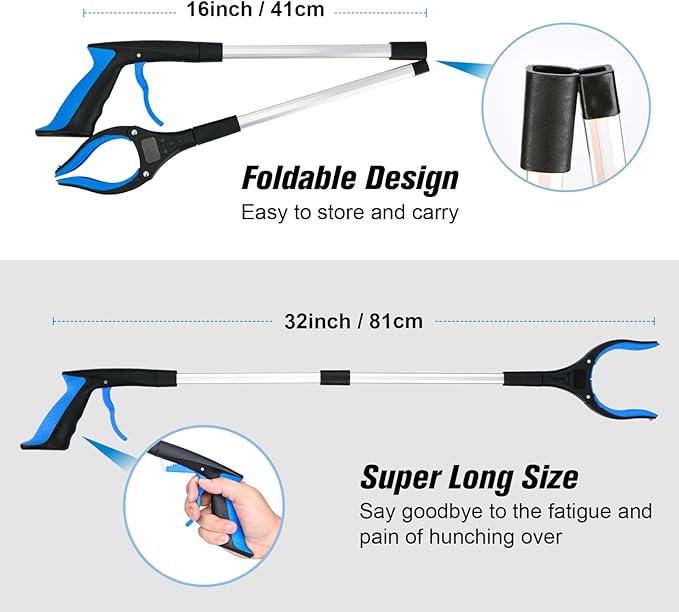 2-Pack Grabber Reacher Tool & Reacher Grabber Pickup Tool,32 inch Upgrade Foldable Grabber Tool with 4 inch Wide jaw and 360° Rotating Head,Mobility Aid Assist Grabbers for Seniors (Blue)