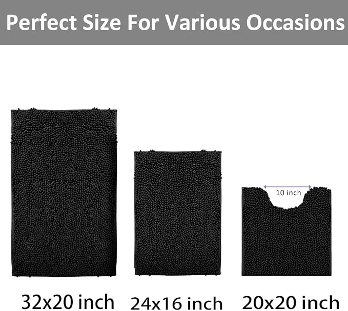 Run Helix Black Bathroom Rug Set Extra Soft Bath Rugs for Bathroom 3 Piece Bathrom Set Anti-Slip Bath Mats Soft Plush Chenille Shaggy Mat Living Room Bedroom Mat Floor Water Absorbent Floor Mat