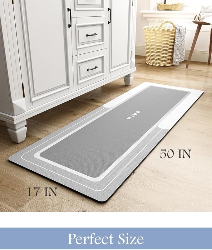 MontVoo-Bath Mat Rug Runner Long Bathroom Mat Non Slip Super Absorbent Stain Resistant Quick Dry Thin Bathroom Rug Fit Under Door-Bath Mats for Bathroom Floor Bathtub Vanity-Bathmat 17"x50" Grey