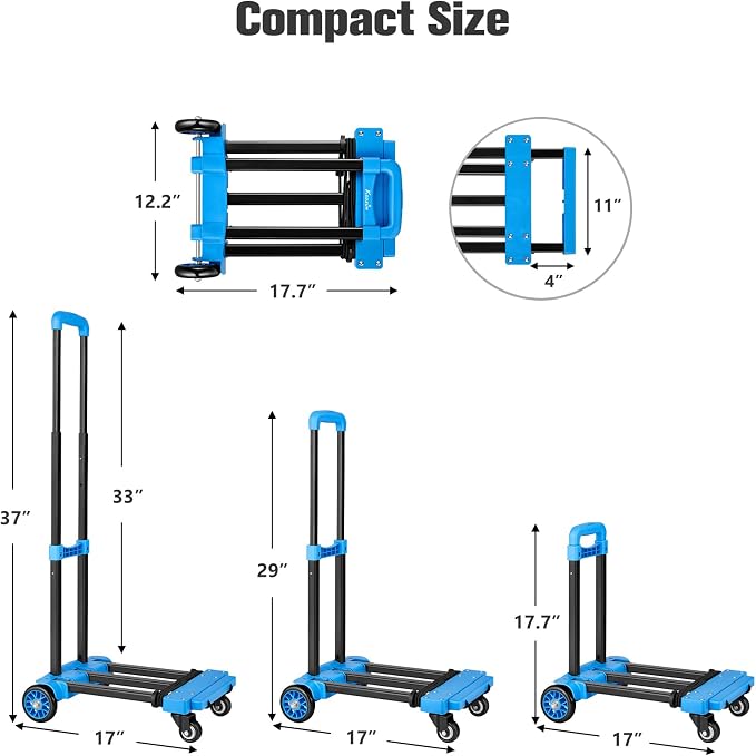 KEDSUM Folding Hand Truck, 290 lbs Dolly Cart with Wheels, Collapsible Hand Truck Dolly, Foladable Utility Cart Lightweight and Portable Luggage Cart for Airport Travel, Moving and Office Use, Blue