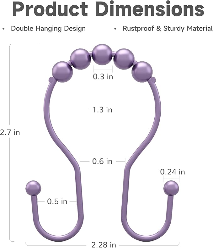 Bathway Shower Curtain Hooks, Shower Curtain Rings Rust Proof Double Hook Shower Curtain Hooks, 12 Pcs Purple Shower Hooks for Shower Curtain, Shower Rings for Curtain, Metal Shower Rod Hooks