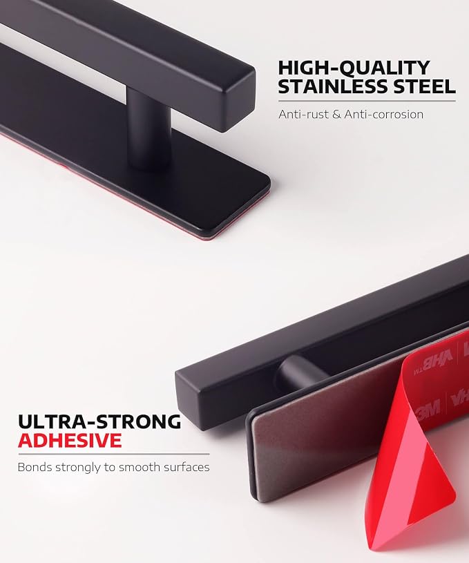 RVPEKUPE 2 Pack Self Adhesive Cabinet Handles Matte Black No Drill Drawer Pulls Stick On Handle for Cabinets Closets Sliding Shower Doors, 6" Overall Length