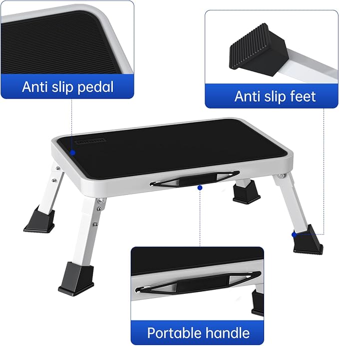 RV Step Stool Foldable 1-Step Stool Ladder Sturdy Metal Stable Step Ladder with a Non-Slip Platform Supports up to 500 lb with Non-Slip Rubber Feet, Easy to Carry (White, One-Step)