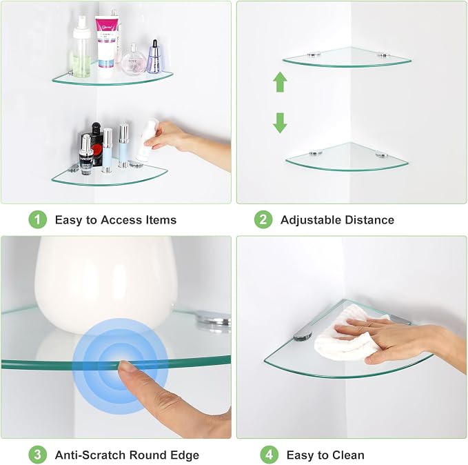 3 Pack Glass Corner Shower Shelves, Tempered Floating Glass Shelves Wall Mount, Shower Caddy Organizer, Bathroom Corner Shelf with Zinc Alloy Brackets for Bathroom, Kitchen, Living Room