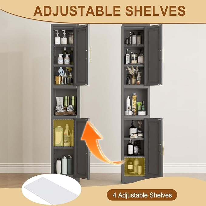 Tall Metal Narrow Bathroom Storage Cabinet 67" H, Tall Black Pantry Cabinets with 4 Adjustable Shelves and 2 Doors for Kitchen, Home Office, Living Room, Dining Room(11.8 inches Wide)