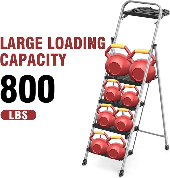4 Step Foldable Step Ladder with Roomy Tool Tray, Platform Ladders Stepstools, Step Stool 4 Step Folding with Wide Non-Slip Pedals and 800lbs Bearing Capacity for Adults, Home, Kitchen, Black Gray