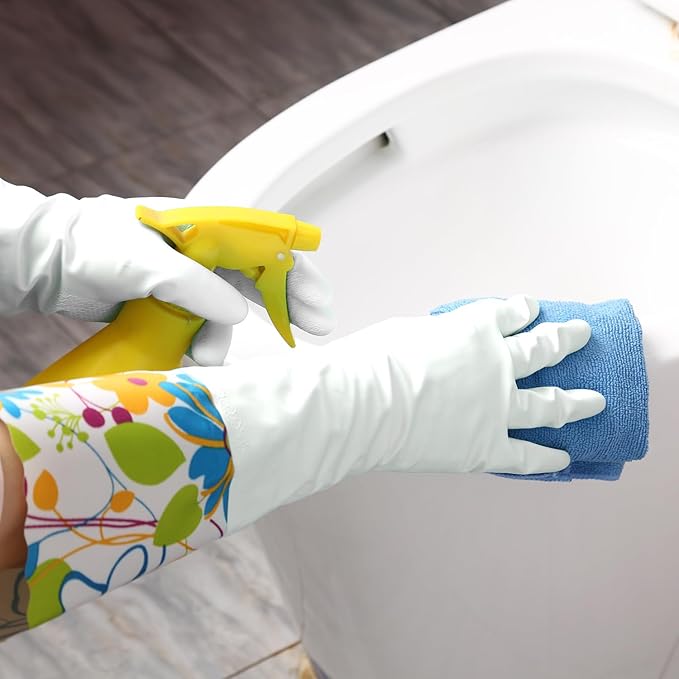 Bamllum 3 Pairs Rubber Cleaning Gloves, Household Kitchen Dishwashing Gloves with Cotton Flocked Liner, Long Cuff 16 Inches (Blue+Yellow+White, Small)