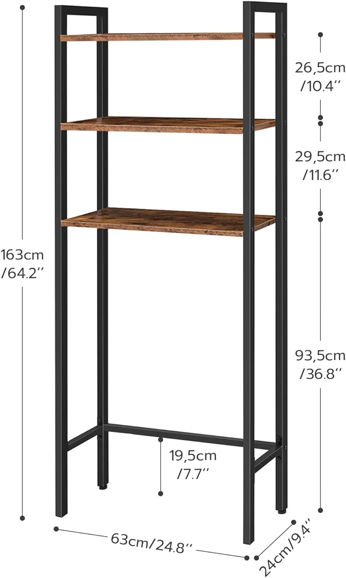 HOOBRO Over The Toilet Storage, 3-Tier Bathroom Organizer Shelf Over Toilet, Freestanding Bathroom Storage Shelves, Space Saver, Easy to Assemble for Room, Rustic Brown and Black BF41TS01