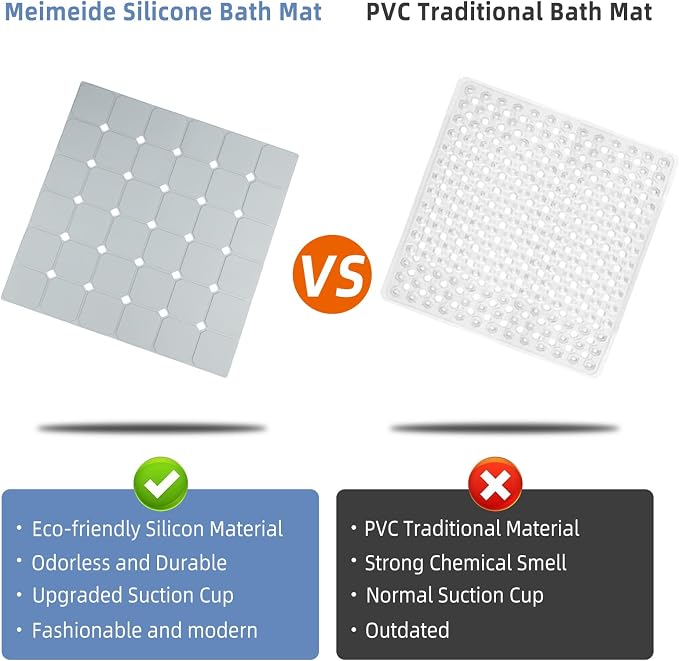 Shower Mat Non Slip 21"x21" Silicone Foldable Bath Mat with Suction Cups & Drain Holes, Odorless, Eco-Friendly & Durable, Machine Washable Shower Stall Mat for Adults, Seniors Grey
