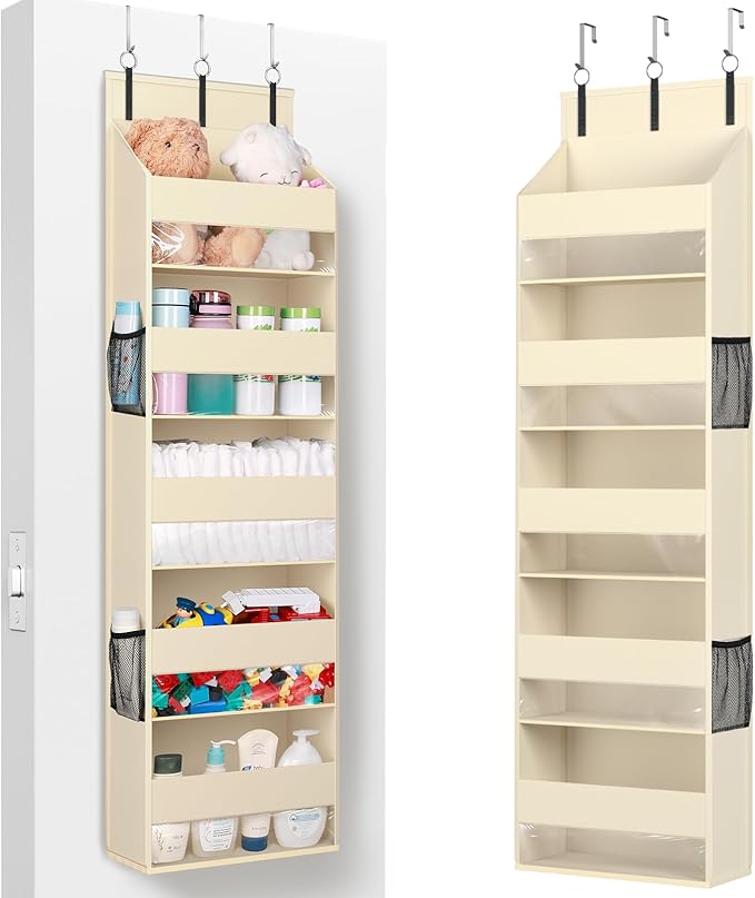 Lifewit 1 Pack Over the Door Organizer, Clear Window Hanging Storage with 4 Side Pockets, Anti Tilt 40 lbs Load Behind Door for Pantry, Nursery, Bathroom, Bedroom, Dorm, 5 Section, Beige