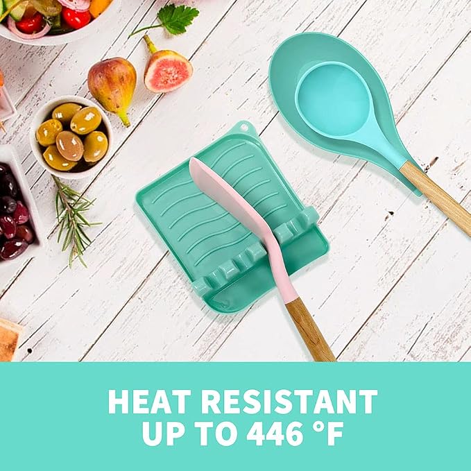 2 Pack Multiple Utensil Spoon Rest with Drip Pad Non-Slip Heat Resistant Kitchen and Grill Spoon Holder for Spatula, Ladle, Tongs, Kitchen Gadgets, and Cooking Accessories (Lake Green)