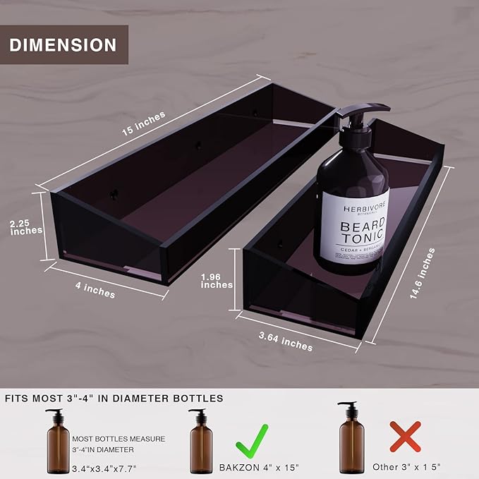 Bakzon Acrylic Wall Mount Organizer, Self Adhesive Shelves, No Drilling Hang Walls, for Bathroom, Kitchen, Living Room - Dark Brown