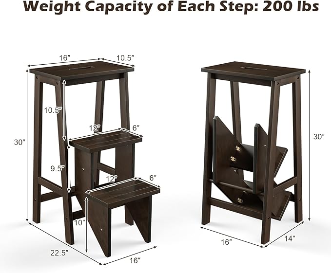 DORTALA 3 Tier Folding Step Stool, Rubber Wood Multifunctional Ladder Chair Bench, Portable Utility Seat, Flower Rack, 200 Lbs Capacity, Ideal for Library, Home (Coffee)