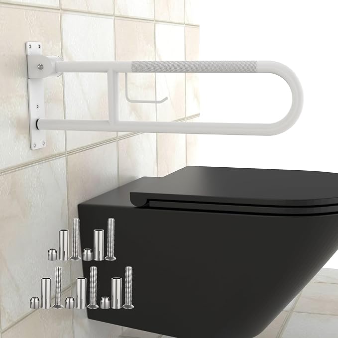 U Shaped Toilet Grab Bar 32 Inch, Munzong White Anti-Slip Support Rail, Flip-Up Bathroom Grab Bar with Paper Holder, Stainless Steel Knurled Handicap Safety handrails for Elderly Disabled Pregnant