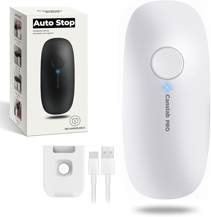 Canslab Ultrablade PRO Auto Stop USB Rechargeable Can Opener for Kitchen for Seniors with Arthritis, Long Battery Life, Handfree One Touch, Side Cut for Smooth Edge, Wall Mounted Small Size, White