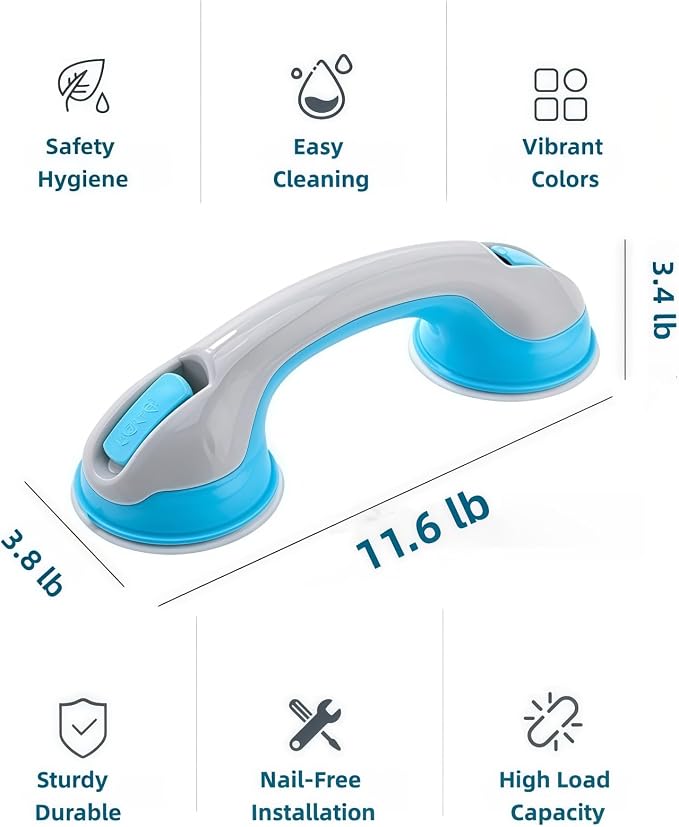2-Pack 12In Suction Cup Grab Bar for Shower-Heavy Duty Removable Bathroom Safety Handle for Seniors, Elderly, Disabled - No Drill Waterproof Shower Grab Bars Suction-Fits Tile, Glass & More (Black)