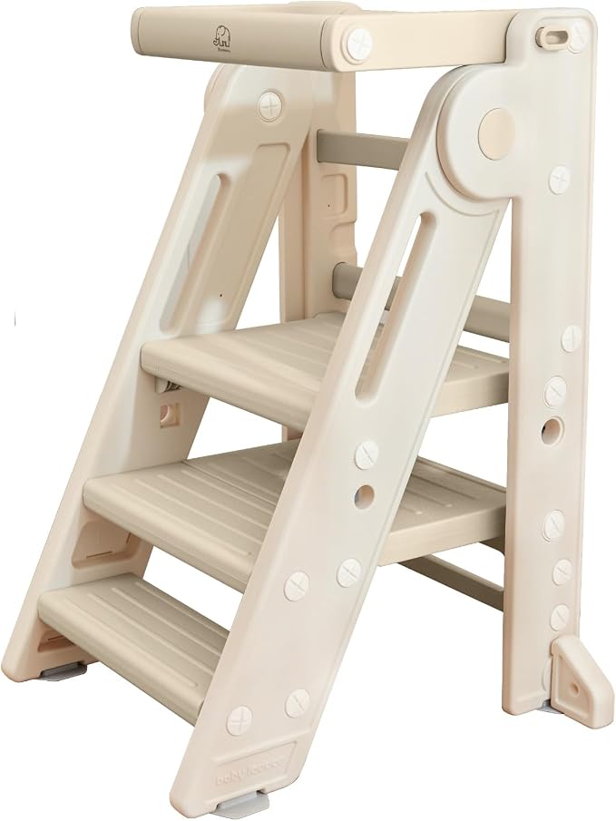 Forbena Collapsible Montessori Learning Standing Tower for Toddlers, Foldable Toddler Kitchen Stool Helper, Adjustable Plastic Kids Children Stepping Stool for Counter Bathroom Sink (Apricot)