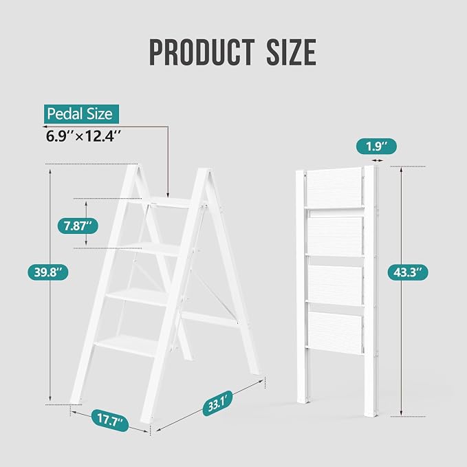WOA WOA 4 Step Ladder, Foldable Step Stool, Aluminum Lightweight Ladder for Home Kitchen Closet, Anti-Slip Pedals, Ease of Folding, Portable, 300lbs Capacity - White