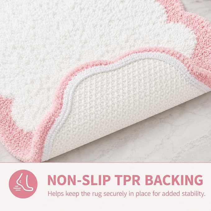 Scalloped Pink Bath Rug, Cute Bathroom Rug, Soft Absorbent Quick Dry Bath Mat, TPR Non Slip Backing, Microfiber Mat for Shower Tub Sink Vanity 20" x 31.5"