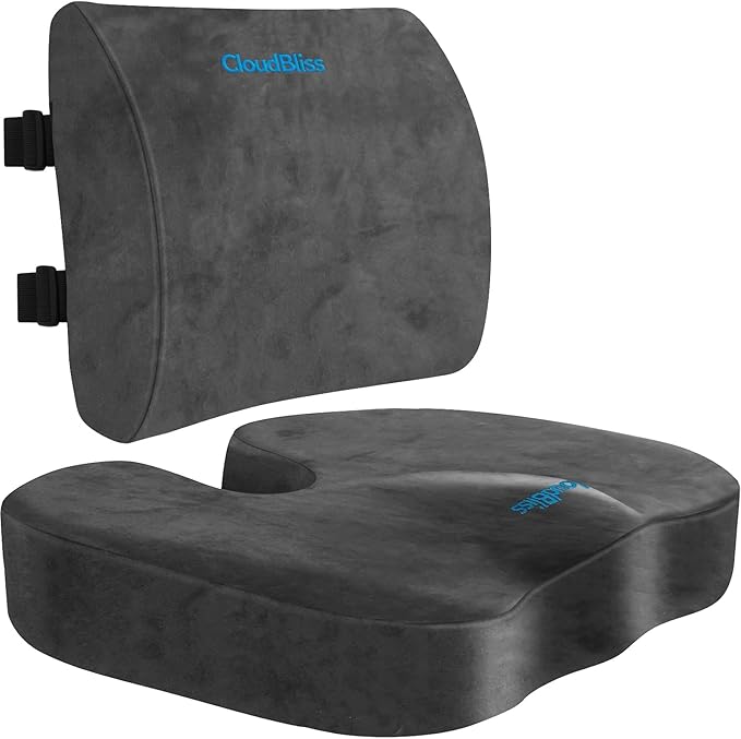 CloudBliss Lumbar Support Pillow & Seat Cushion Set for Office Chair, Desk Chair, Wheelchair & Car–Memory Foam Back Support, Ergonomic Chair Cushions,Sciatica Pain Relief,Home Essentials(Grey,XL)