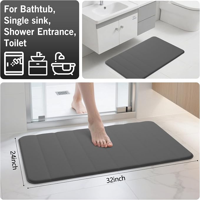 RUN HELIX Bathroom Rugs Set 2 Piece Memory Foam Bath Non-Slip Bath Mat,Washable Room Mats,Absorbent Shaggy Rugs Super Soft Kitchen Mats, Batroom Carpets for Bathroom,Tub,Shower Home Decor（Grey）