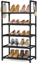 LANTEFUL 5 Tiers Shoe Rack 12-15 Pairs Boots Organizer Storage Sturdy Narrow Shoe Shelf for Entryway, Closets with Hooks, Black