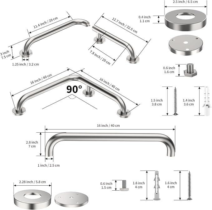 L-Shaped Angled Shower Grab Bar w/Straight Bathroom Safety Handrail 16 Inch, iHansee Brushed Nickel Handicap Grab Bar Wall Mounted, Toilet Bathtub Balance Support Bar for Elderly Seniors Injury