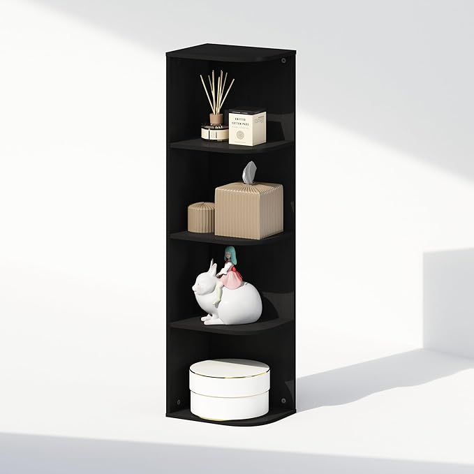 Furinno Reed Corner Shelf, 4-Tier Corner Bookshelf, Book Shelf, Corner Shelves, Storage Rack, for Organization and Storage, Home Office, Living Room, Blackwood