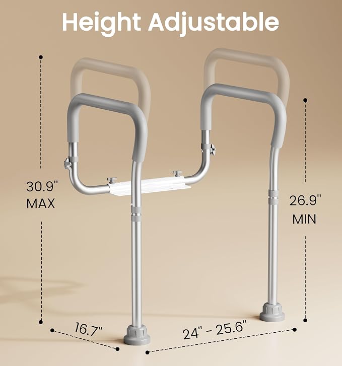 HOMLAND Toilet Safety Rail for Seniors with Adjustable Height & Width, Toilet Safety Frame with Handles, 350LB Aluminum Toilet Support Rail for Handicap and Disabled, Grey