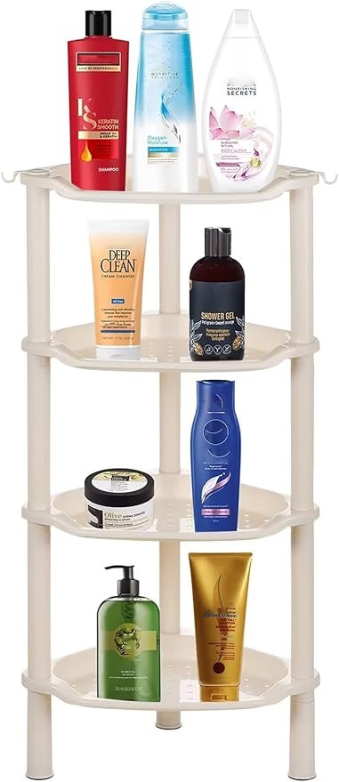 4 Tier Shower Caddies, Organizer Shelf Corner, Plastic Shower Rack Stands for Bathroom, Storage Bath Shower Caddy, 13.5X 10 x 33.5 Inches, Beige (Round Slot Beige 4 Tier)