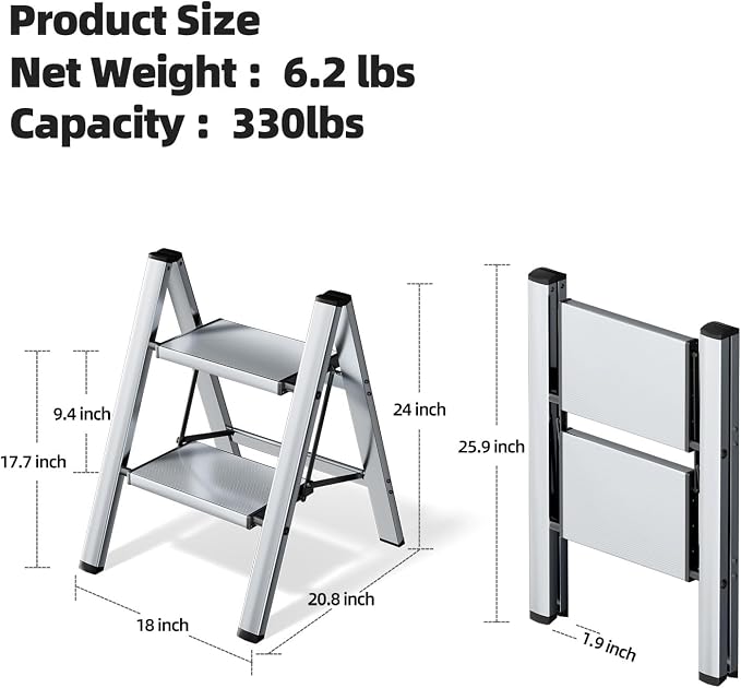 HillhutApex 2 Step Ladder, Lightweight Portable 2 Step Stool with Anti-Slip Wide Pedal,330lbs Capacity Aluminum Ladder for Household,Office,Library(Silver)